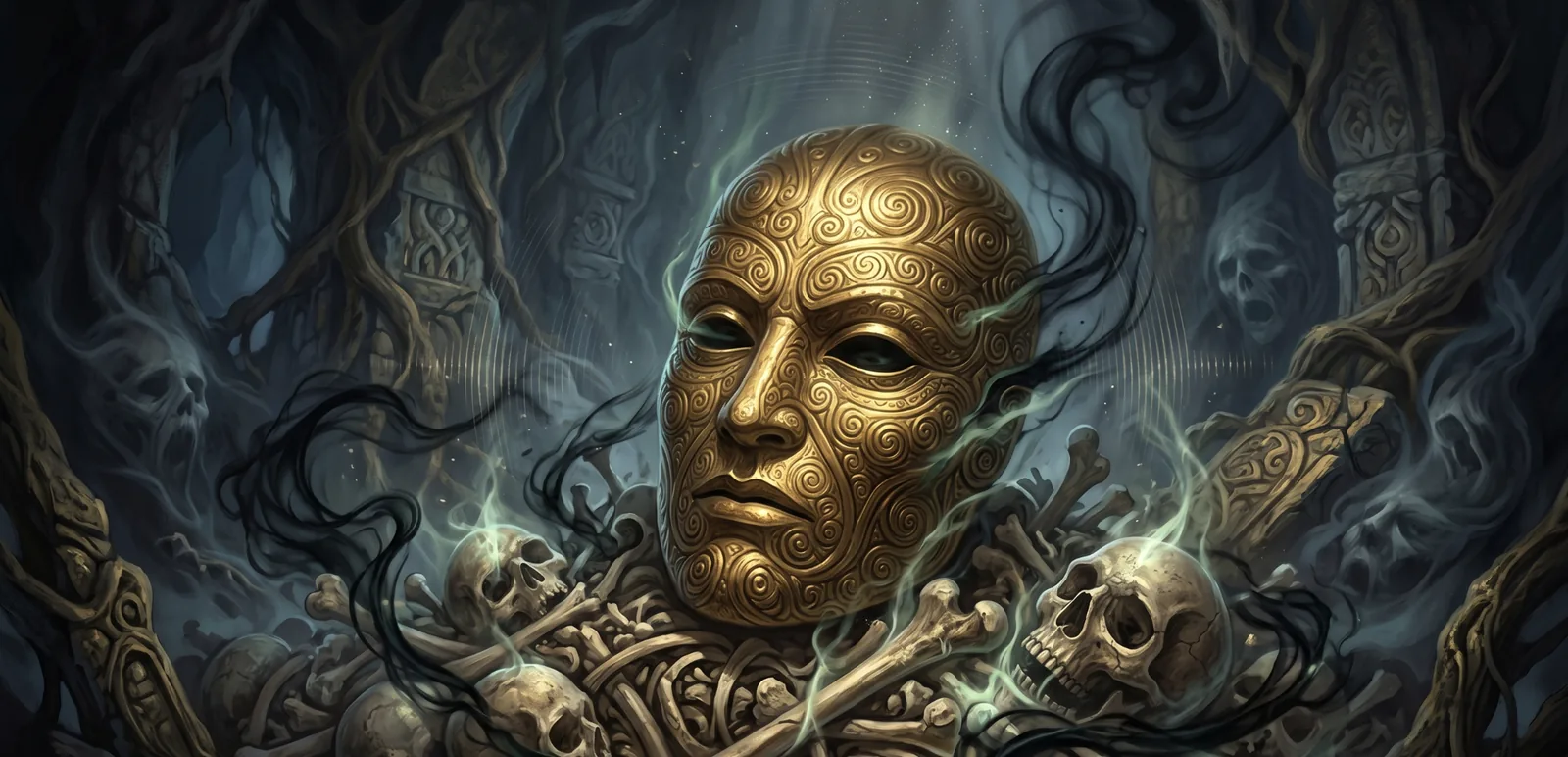 The Mask — a bone-white ritual object carved with flowing dark script, molded from the face of a long-forgotten king and imbued with the Cauldron's power over death.